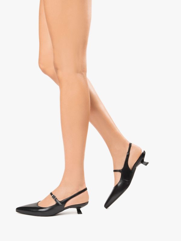 Singertrad582495 Black Leather Slingback Kitten Heels